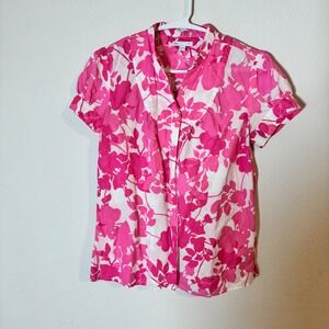 Gap Womens Pink White Floral Cotton Blouse Short Puff Sleeve Button Down Small